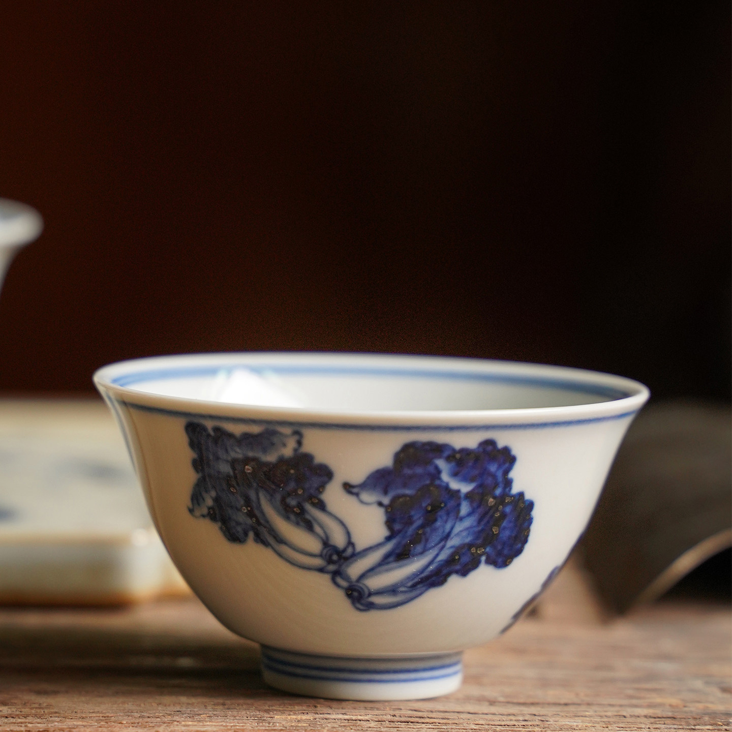 清雨香手绘青花青菜鸡心杯景德镇仿古泥仿古釉高温精品茶具普洱杯