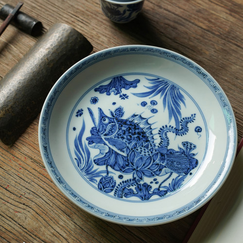 待月观山手绘青花鱼藻壶承景德镇手工陶瓷茶具茶盘赏盘