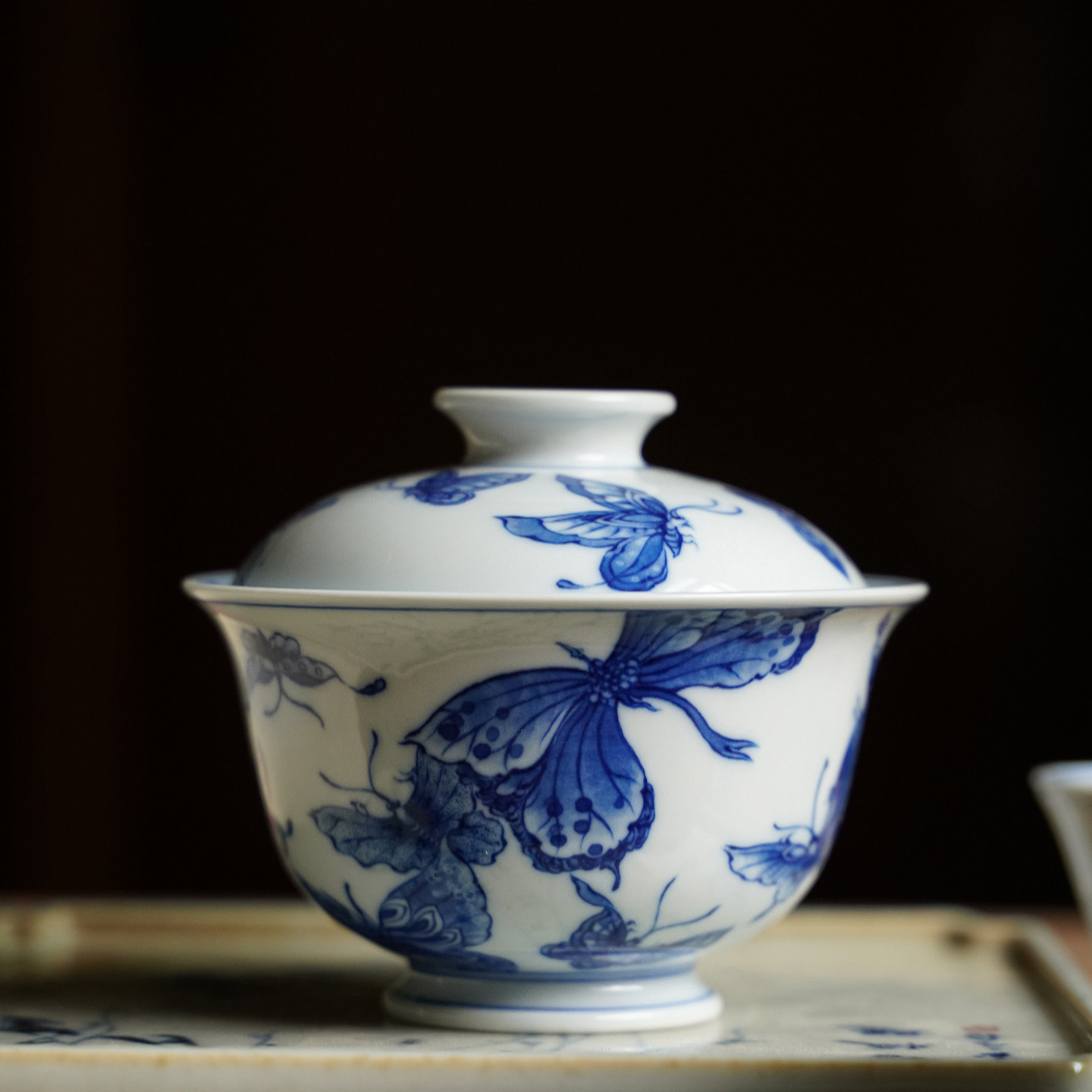 清雨香景德镇手绘青花蝴蝶两才盖碗非长物居茶具茶器精品品茗普洱