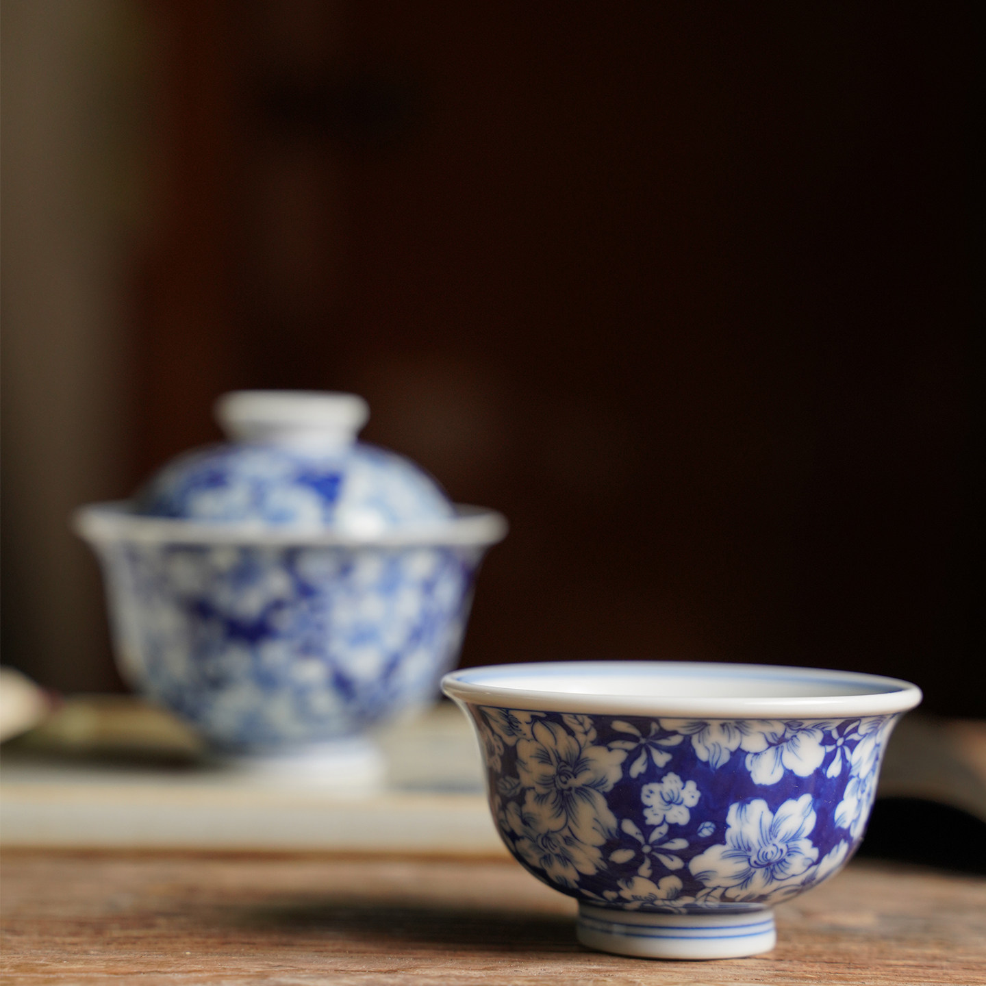景德镇仿古陶瓷功夫茶杯手绘仿永乐青花凌霄花压手杯高档手工茶具