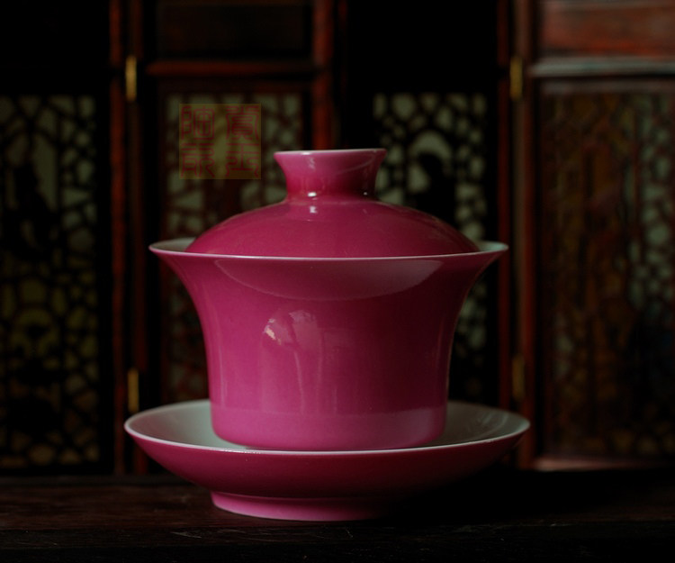 清雨香 颜色釉胭脂水三才盖碗 景德镇精品瓷器茶具茶碗 清雨香