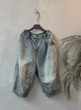 24119夏季复古百搭宽松水洗做旧砂洗七分牛仔裤