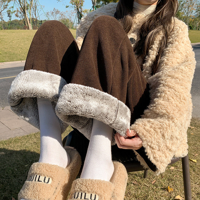 棕咖色加绒阔腿裤女秋冬季高腰垂感直筒雪尼尔羊羔绒加厚保暖