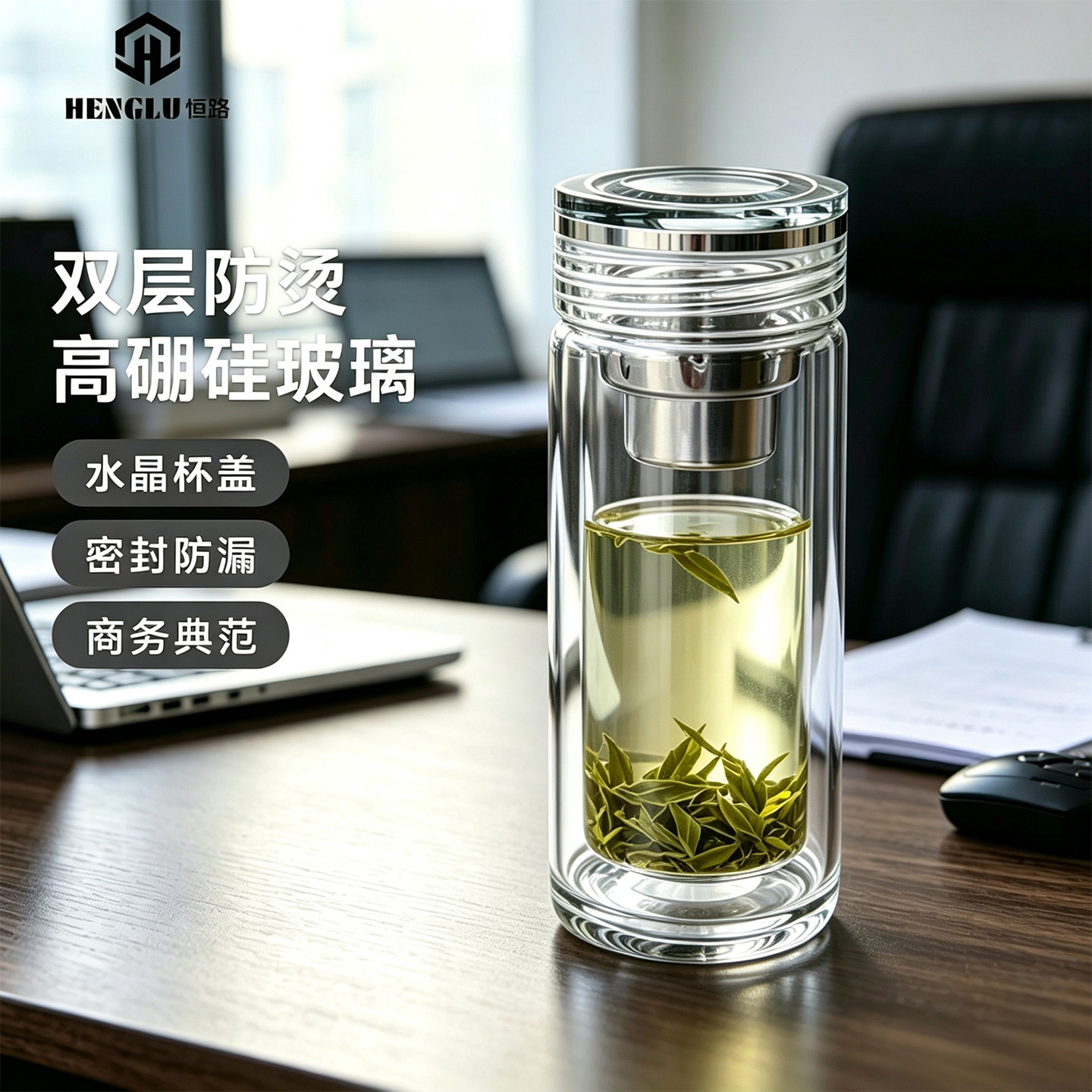 恒路双层玻璃加厚商务耐热泡茶杯