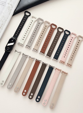 适用小米手环109代双钉扣瘦身皮质反扣手表带miBand8NFC版细款带