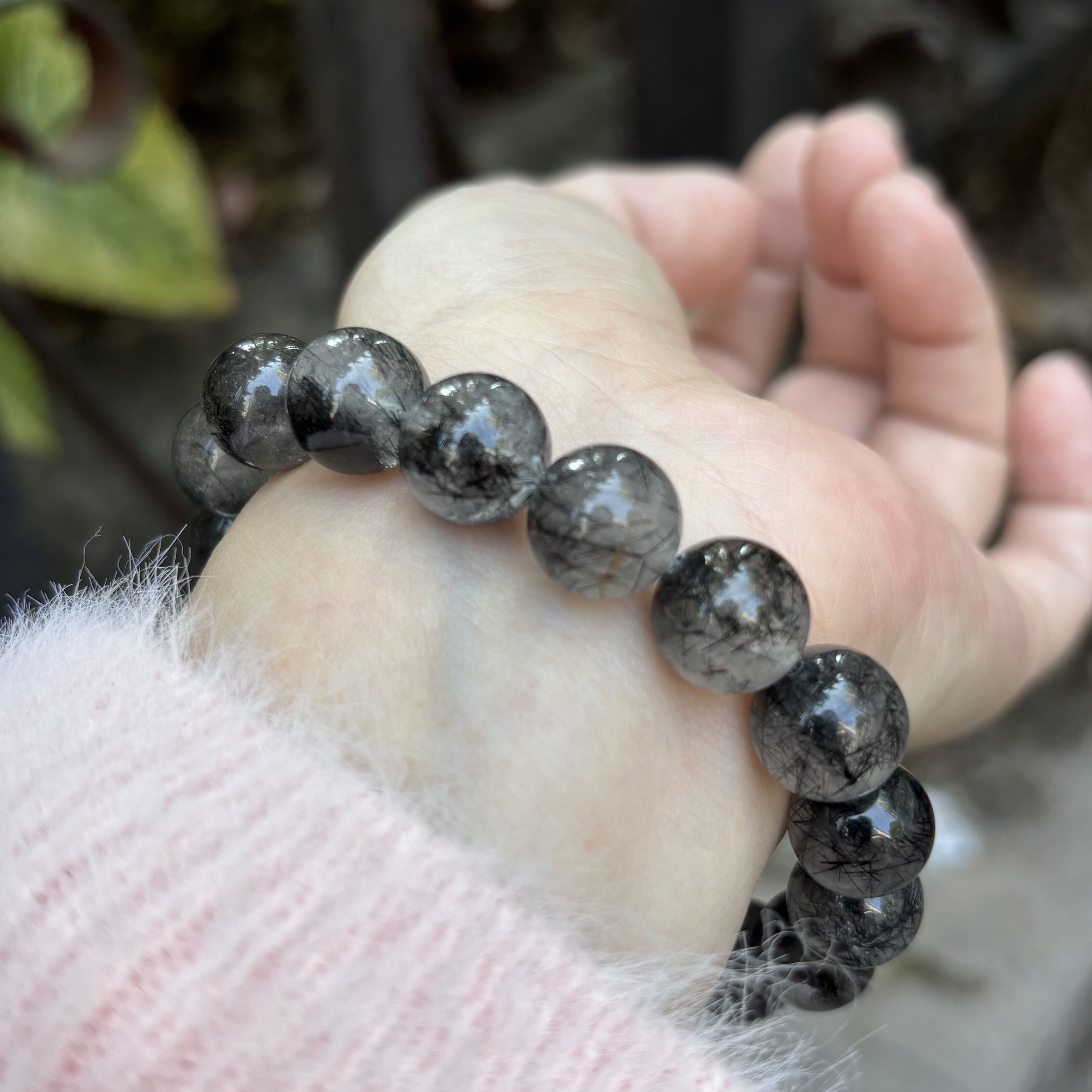 天然黑银钛晶手链女单圈黑发晶水晶手串饰品diy珠子