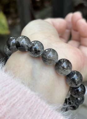 天然黑银钛晶手链女单圈黑发晶水晶手串饰品diy珠子