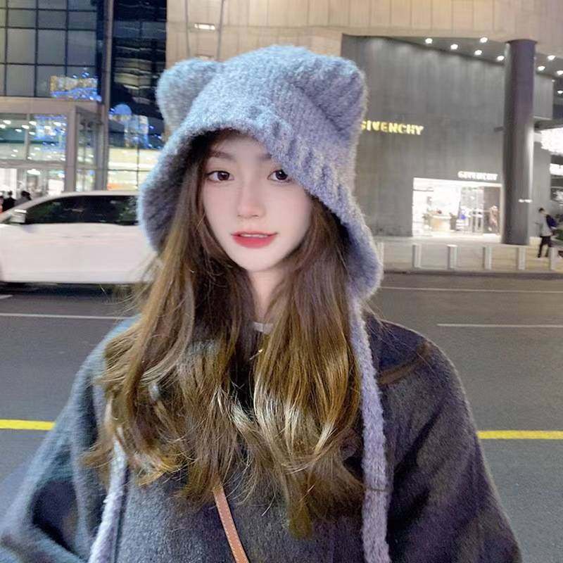 可爱小熊毛毛帽子女冬可系带毛线帽女生显脸小护耳灰色保暖针织帽