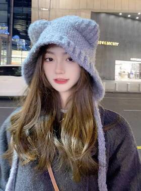 可爱小熊毛毛帽子女冬可系带毛线帽女生显脸小护耳灰色保暖针织帽