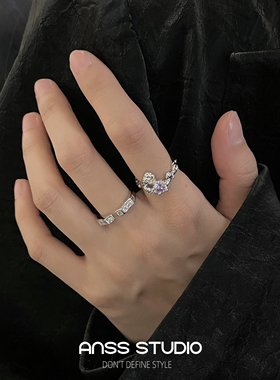 设计感肌理微镶锆石开口戒指女