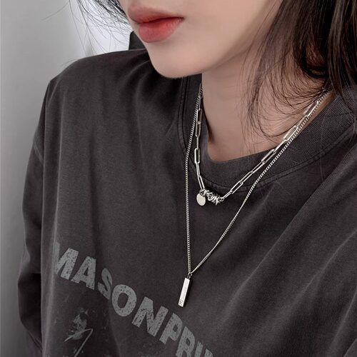 小众设计双层链条长方条项链女