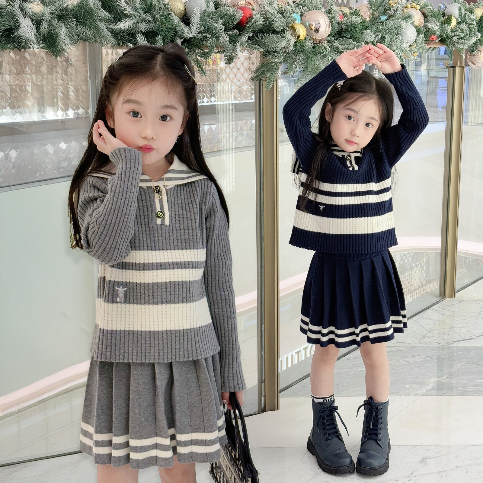 日系童装女童海军领学院风撞色毛衣内搭修身长袖针织套装亲子装