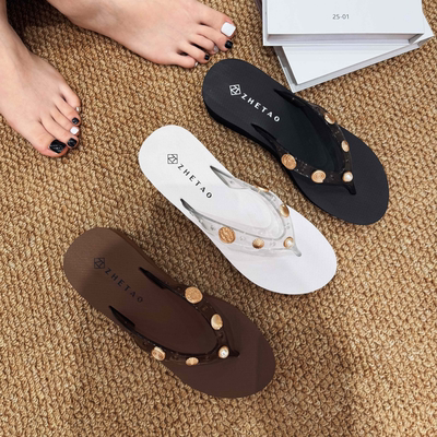 夏季时尚透明鞋带DIY贝壳铆钉厚底6厘米坡跟舒适沙滩夹脚人字拖鞋
