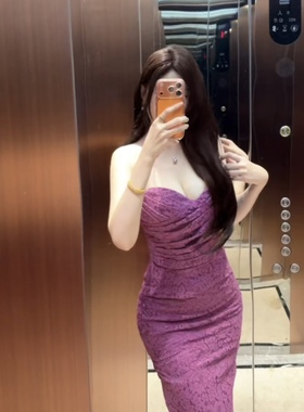 卜斯斯 免穿内衣鱼骨沙漏腰手缝褶皱女士蕾丝抹胸连衣裙