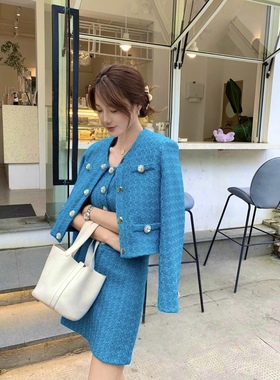 2020秋款原创设计蓝色香风套装女新款外套吊带半裙洋气3件套超火
