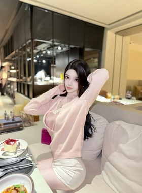 *见你不用打腮红*纯欲性感V领假两件蕾丝蜜桃粉针织衫