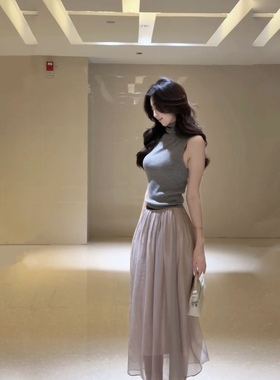 *韩系花店学姐*yjy羊毛针织半高领上衣+桑蚕丝长裙两件套