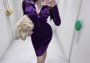 柔软细腻高贵紫色法式 包臀连衣裙 丝绒纽扣带肩章弹力坑条修身