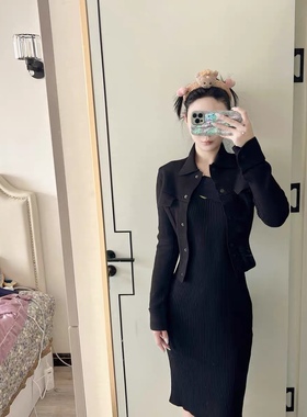 卜斯斯同款立体剪裁自动收腰纯黑黑色密织单排扣口袋开衫外套