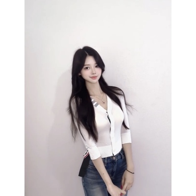 tb新款9k+轻奢显白藏蓝\斯文学院灰白七分袖针织衫
