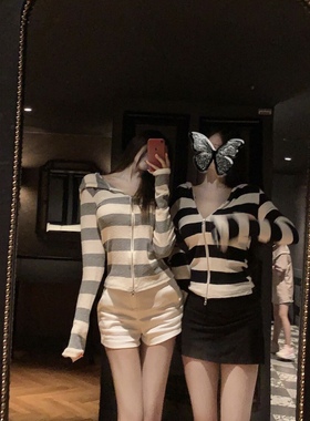 5G入秋！韩国慵懒感纯欲条纹百搭简约松弛感拉链连帽长袖开衫