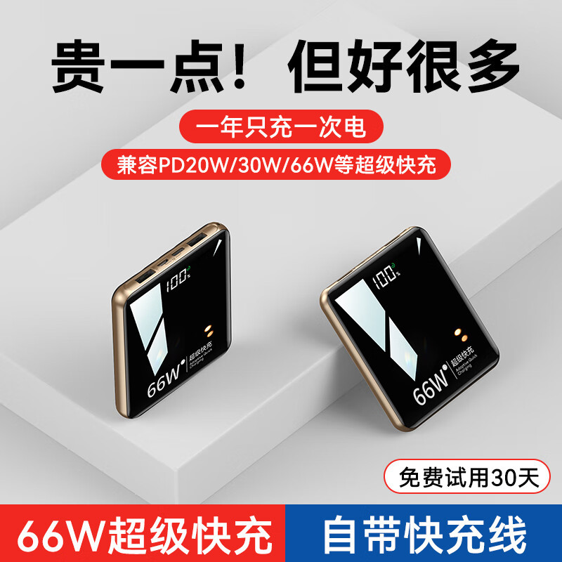 66W超级快充20000毫安10000充电宝迷你便携大容量自带线移动电源