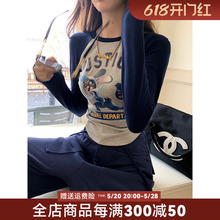 地球店美式印花插肩长袖T恤女春紧身拼色短款修身打底衫上衣内搭