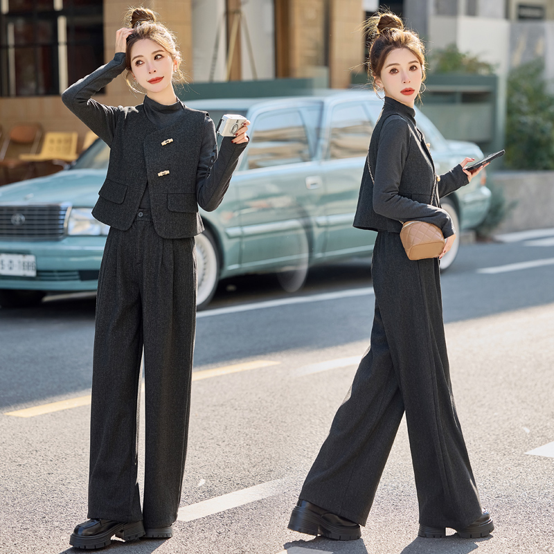 2025春秋季女装新款打底衫西装马甲阔腿裤休闲三件套时尚套装P239