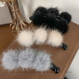 秋冬水貂毛发夹毛绒高马尾抓夹后脑勺鲨鱼夹子香蕉竖夹发卡女头饰