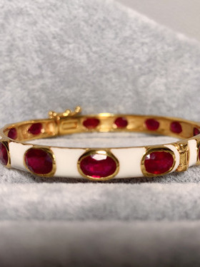 已售！进口24K鎏金珐琅彩切割面红宝石手镯 很闪亮的红