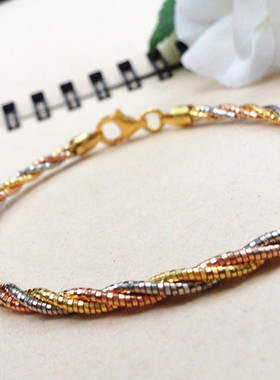 纯银鎏金三彩拧花蛇骨手镯 鎏金彩金项圈 6月新款上架