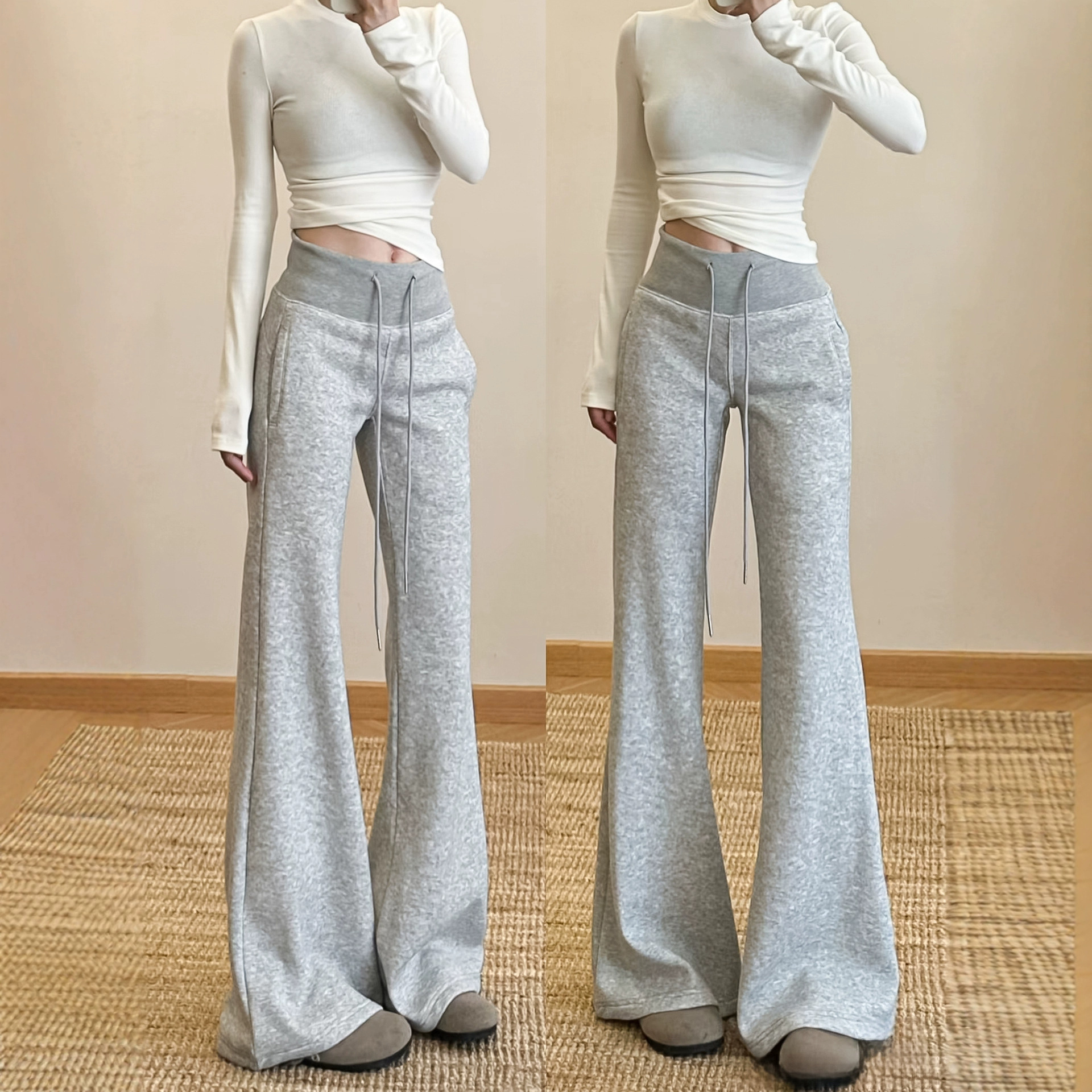 美式浅灰色运动微喇裤女秋冬2025新款休闲宽松显瘦喇叭裤加绒卫裤