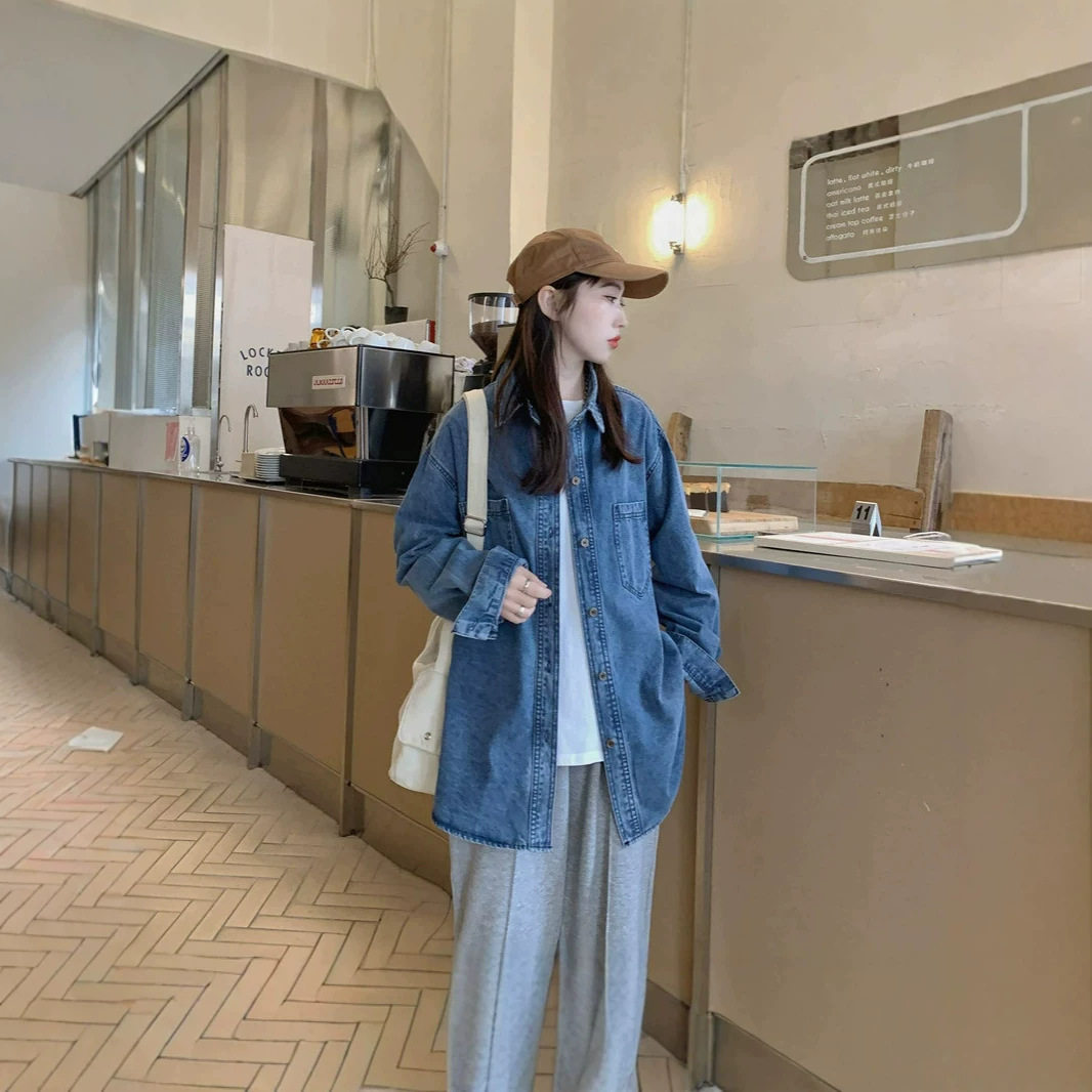 美式复古长袖牛仔衬衫外套女春秋季韩版宽松显瘦中长款设计感上衣