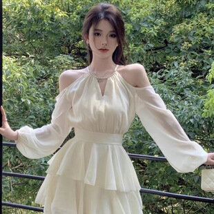 法式白色长袖连衣裙仙女秋季仙气收腰雪纺短裙荷叶边蛋糕a字裙子