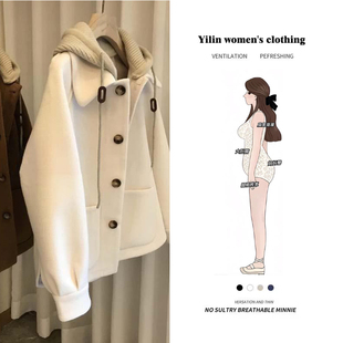 女士连帽假两件加厚上衣大码高级感针织mm秋季新款加绒毛呢款外套