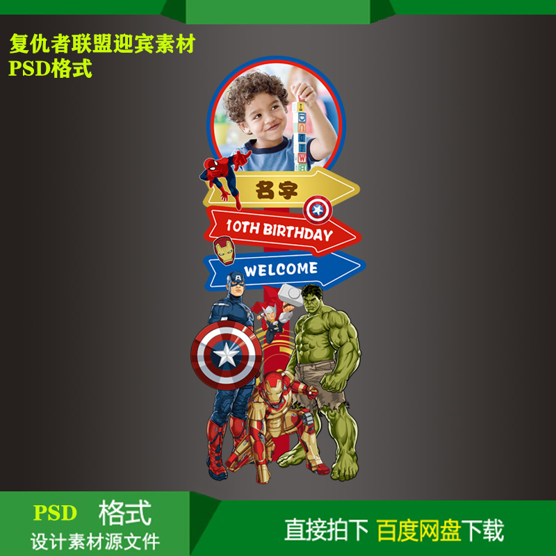 复仇者联盟主题迎宾牌宝宝宴生日派对kt板水牌指示牌psd素材文件