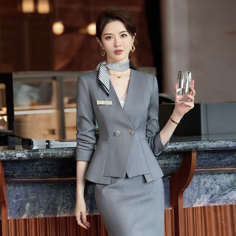 灰色职业西装套装裙女春秋气质高端酒店前台接待工装美容院工作服