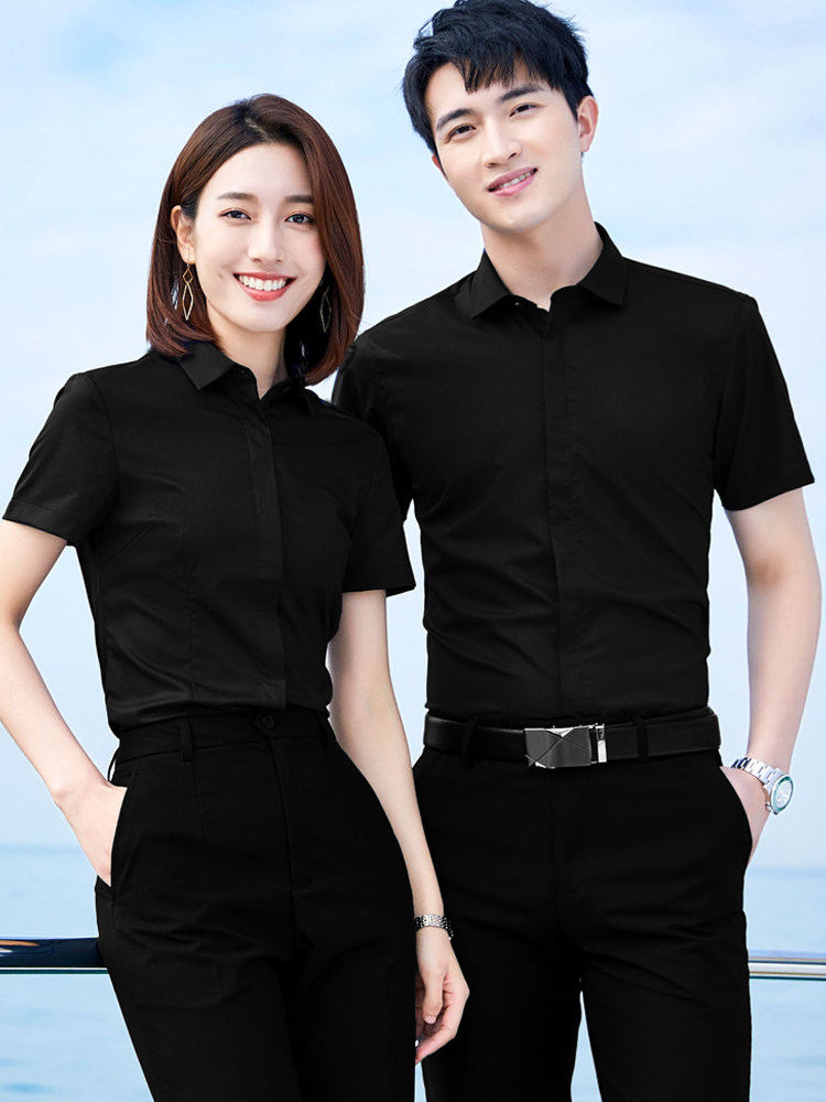 男士衬衫短袖修身免烫黑色职业装夏季定制刺绣logo衬衣工作服套装