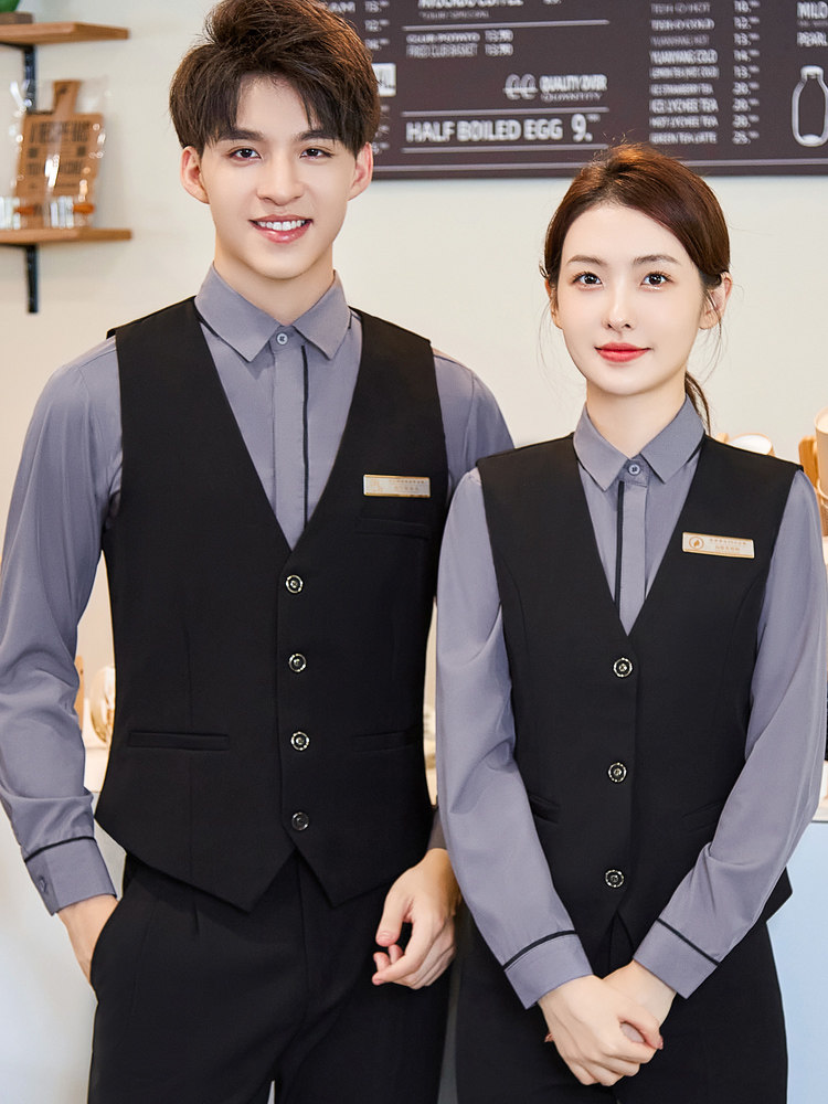 酒店餐饮服务员工作服女长袖衬衫餐厅饭店马甲套装秋冬火锅店工装