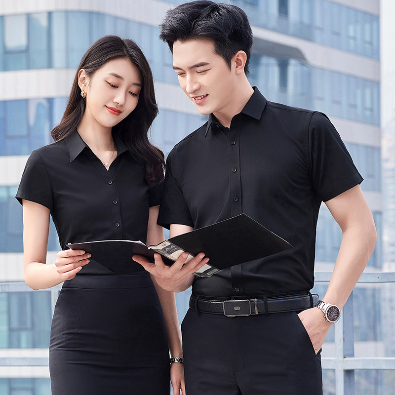 竹纤维衬衫销售工作服男女长袖短袖同款商务职业装黑色衬衣绣LOGO