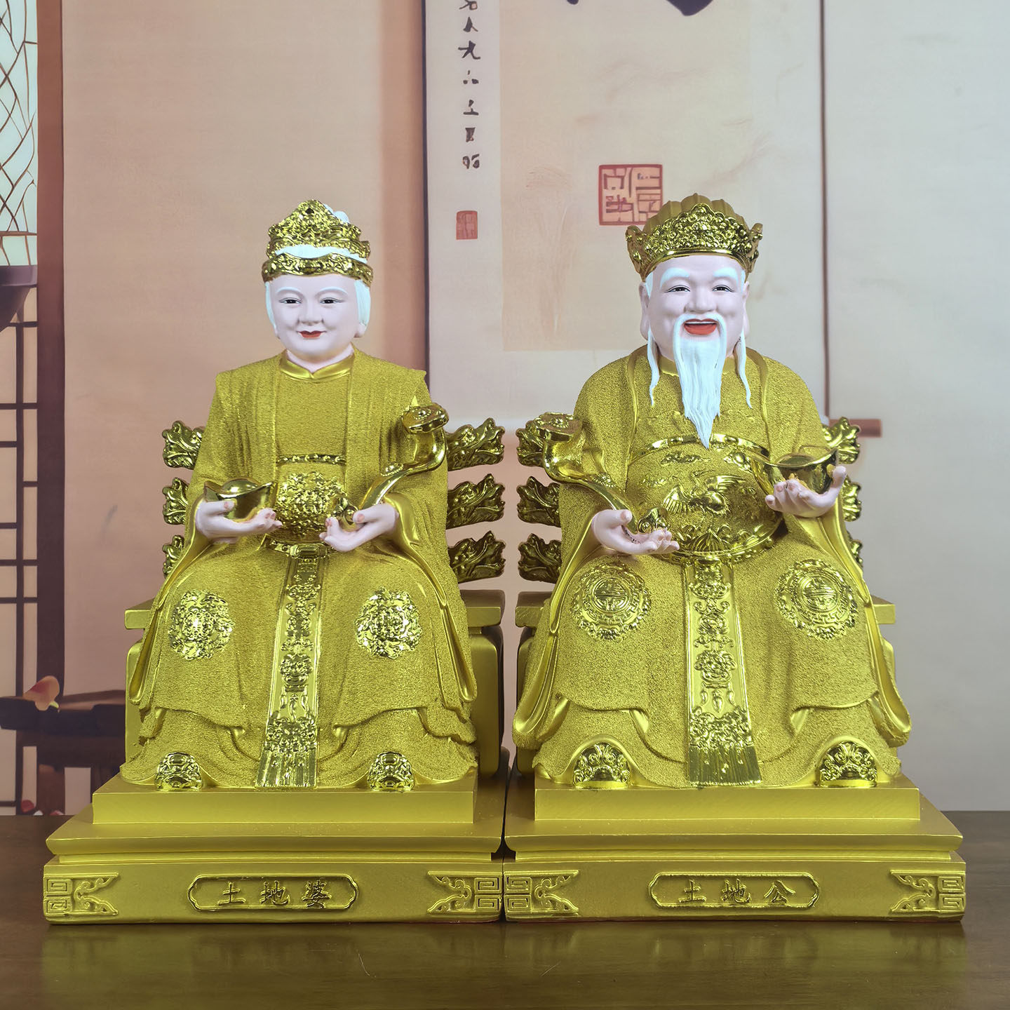 土地公土地婆神像树脂沙金土地爷爷神像福德正神 土地奶奶佛像