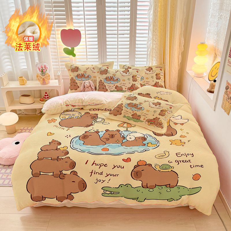 冬季加厚保暖法莱绒四件套卡皮巴拉被套牛奶绒速热三件套床品被罩,床上用品,床品套件/四件套/多件套,淘宝优惠券,粉丝福利购,淘宝优惠卷