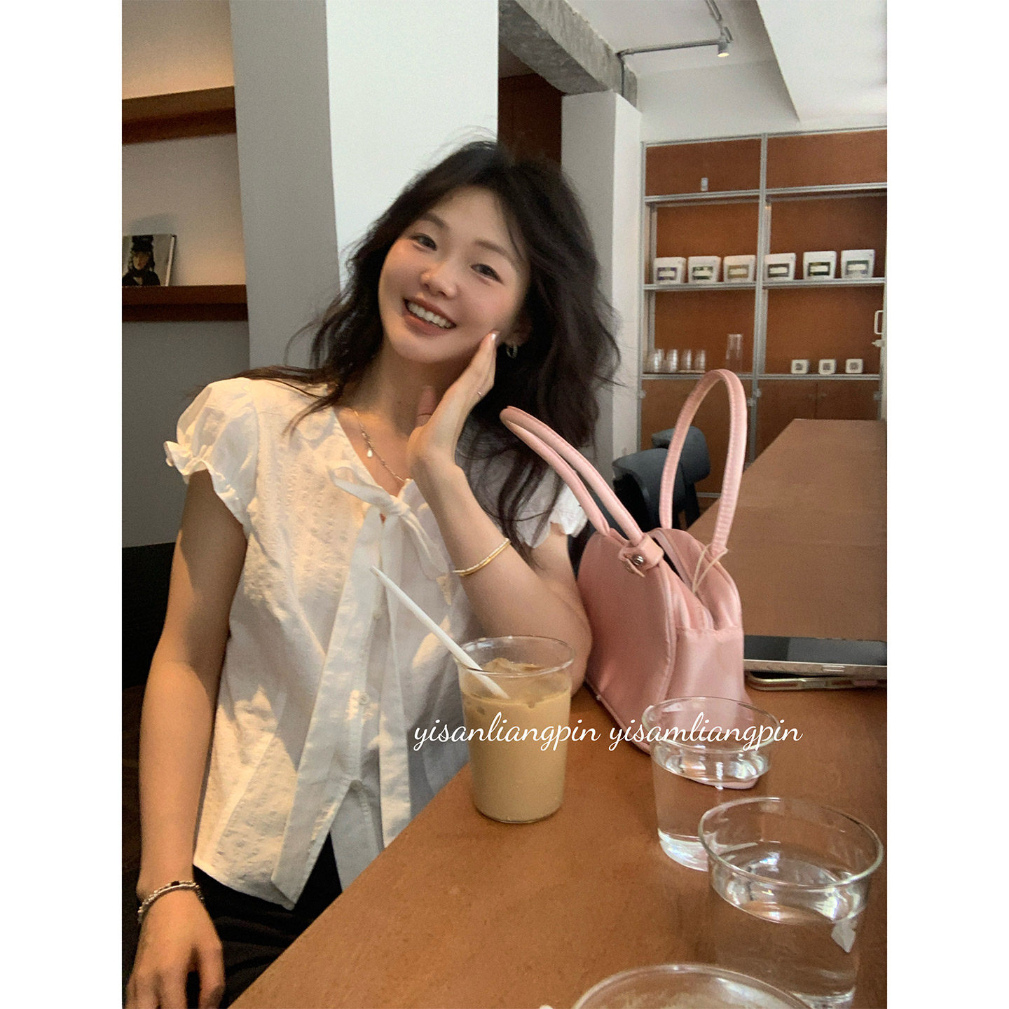 一三良品小个子 正肩蝴蝶结系带短袖衬衫女夏法式白色v领收腰上衣
