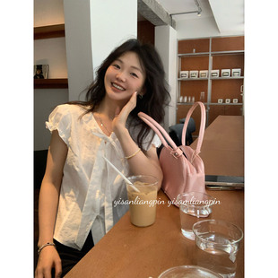 一三良品小个子 正肩蝴蝶结系带短袖衬衫女夏法式白色v领收腰上衣