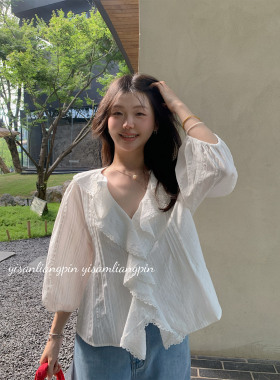 一三良品小个子 韩女棉感通勤白色荷叶边v领七分袖衬衫女短款衬衣