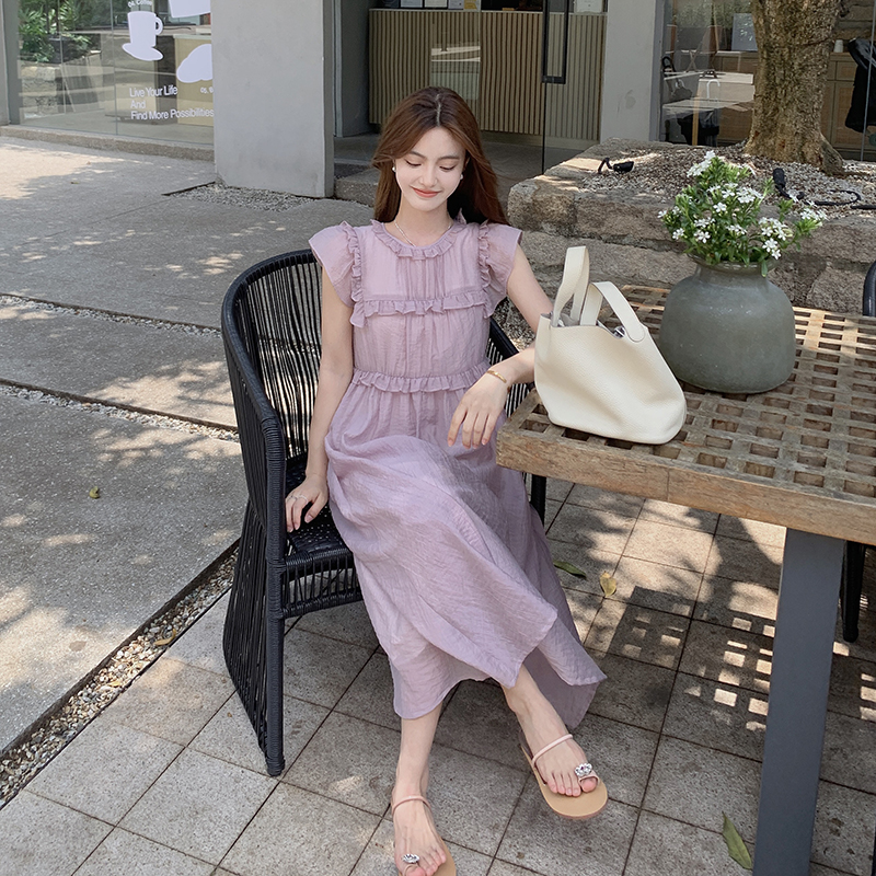 一三良品小个子 紫色温柔飞飞袖木耳边连衣裙长裙女夏气质茶歇裙