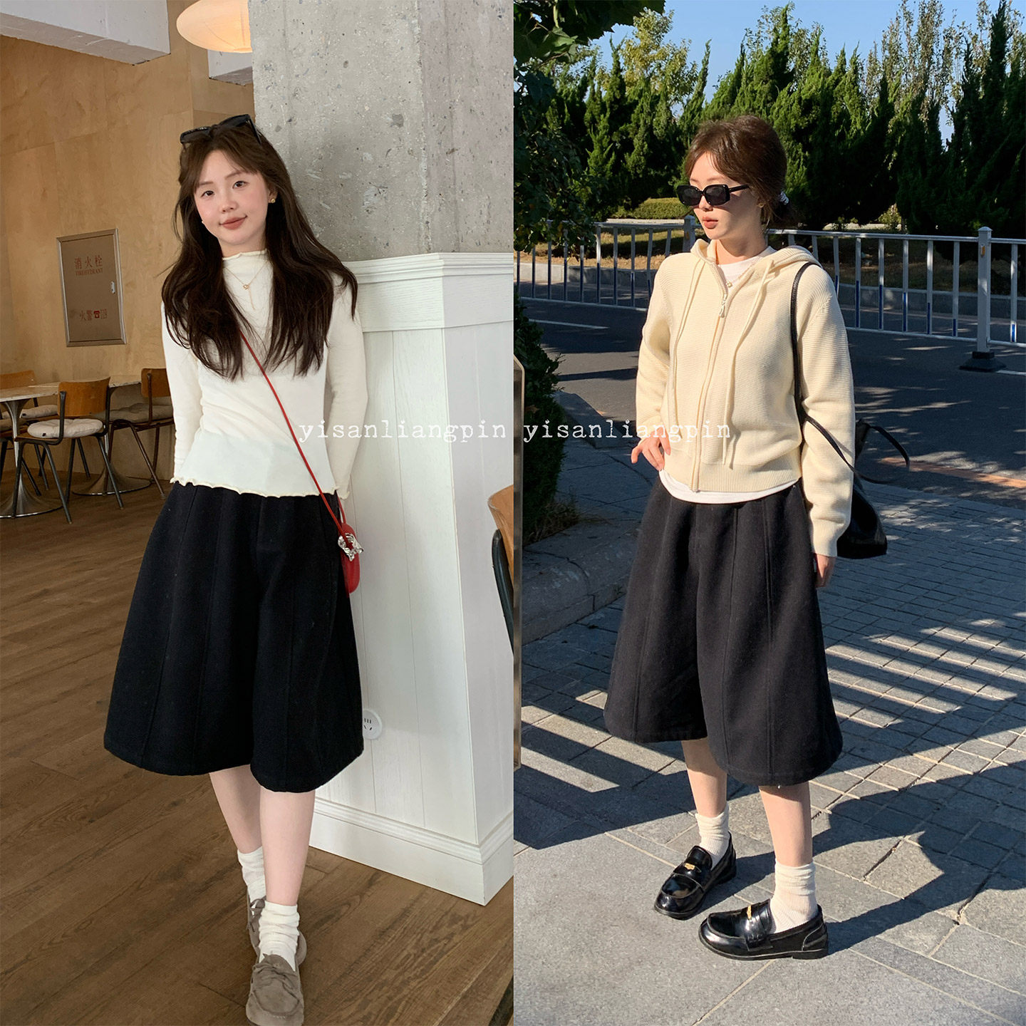 一三良品小个子 毛呢七分裤女冬显瘦宽松阔腿裙裤老钱风休闲裤子