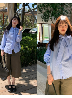 一三良品小个子 韩系宽松蓝色条纹系带蝴蝶结飘带百搭衬衫女衬衣
