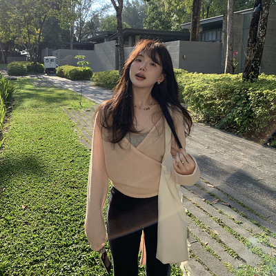 纯欲交叉绑带v领马海毛衣针织衫