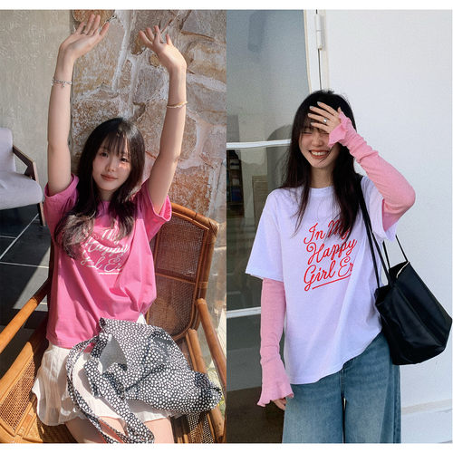 宽松百搭多巴胺字母印花短袖T恤